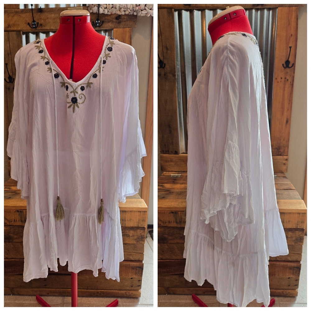 White Ruffled Boho Tunic Top Or Mini Dress One Sz Bali Queen